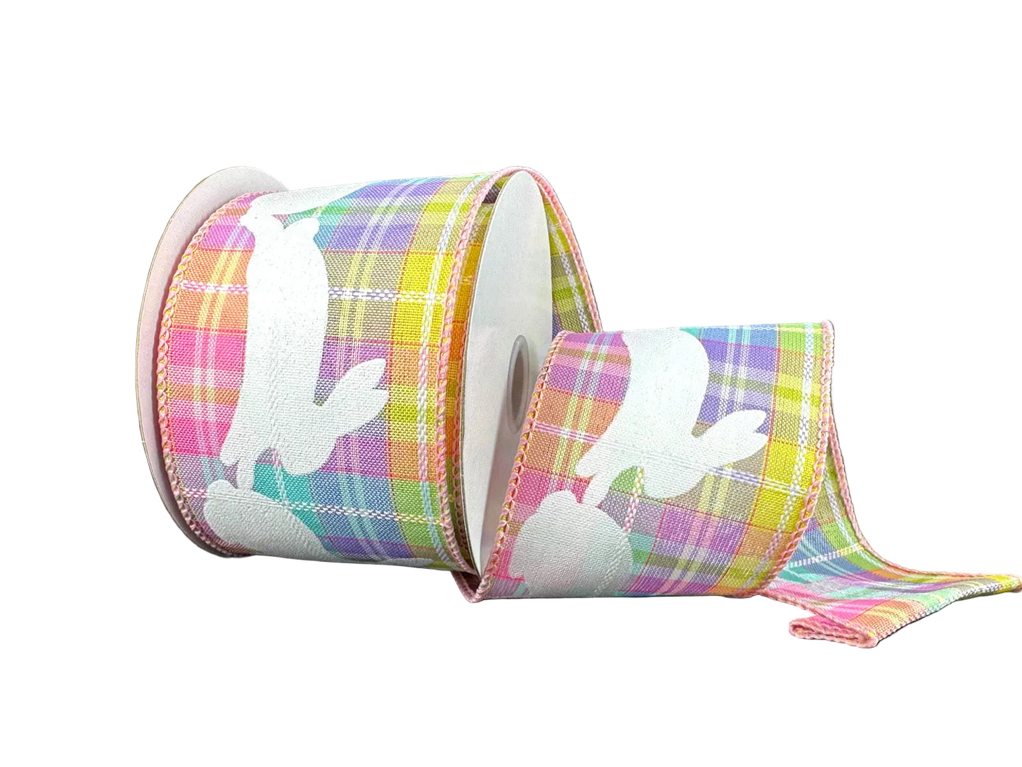 2.5 Inch By 10 Yard Pastel Kennedy Plaid With Flocked White Bunnies Ribbon
