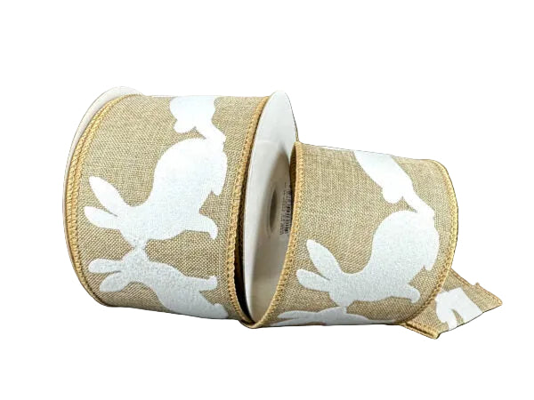 2.5 Inch By 10 Yard Natural Linen With Flocked White Bunnies Ribbon