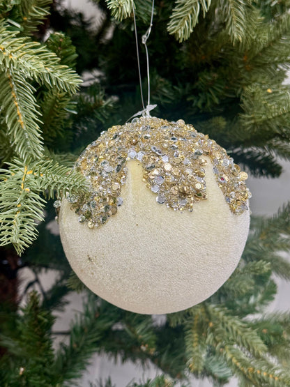 4.75 Inch Cream Silver And Gold Sequin Velvet Dripped Ornament