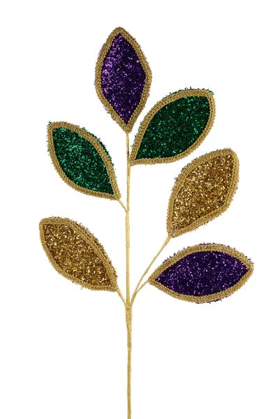 28 Inch Mardi Gras Glitter And Lace Leaf Spray