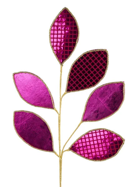 28 Inch Fuchsia And Gold Square Sequin Glitter Leaf Spray