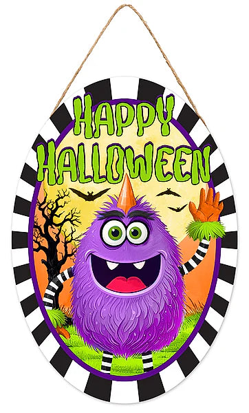 13 Inch Oval Happy Halloween Monster Wood Sign