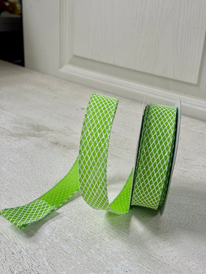 7/8 Inch By 10 Yard Fresh Green And White Mini Harlequin Ribbon