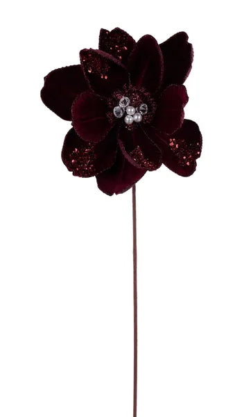 22 Inch Burgundy Glitter Sequin And Bead Magnolia Stem