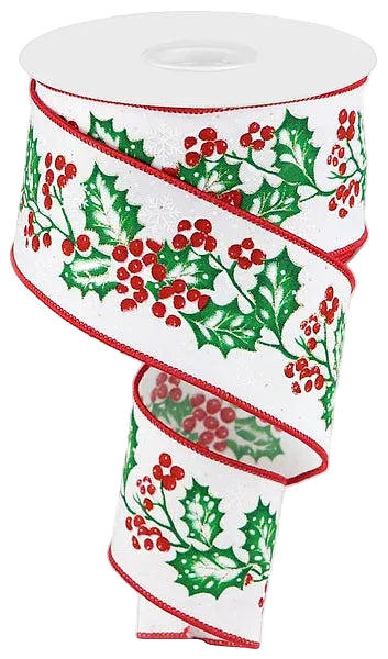 2.5 Inch By 10 Yard Holly Berries In Snow Ribbon