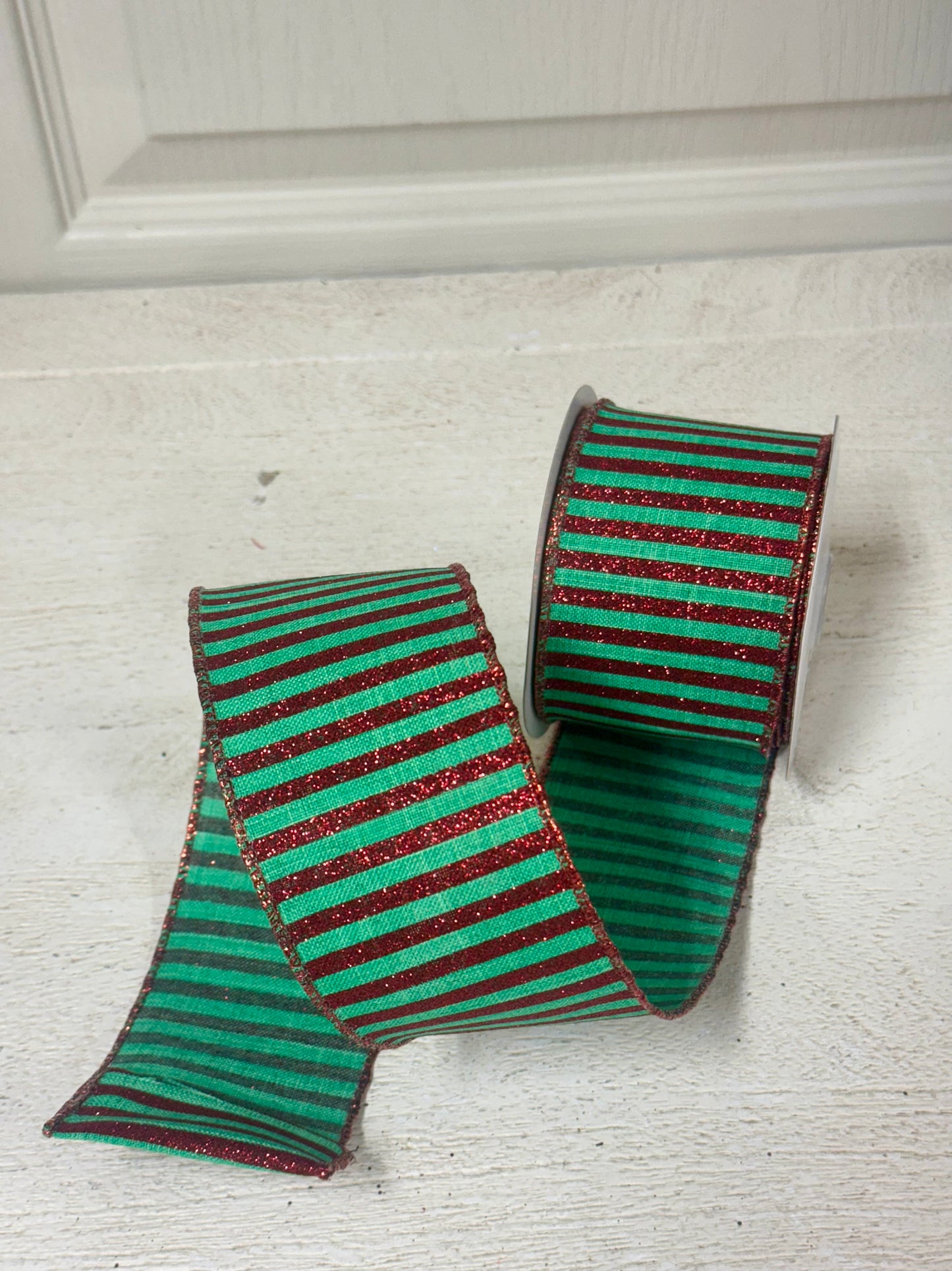 2.5 Inch By 10 Yard Jade And Red Glitter Stripe Ribbon