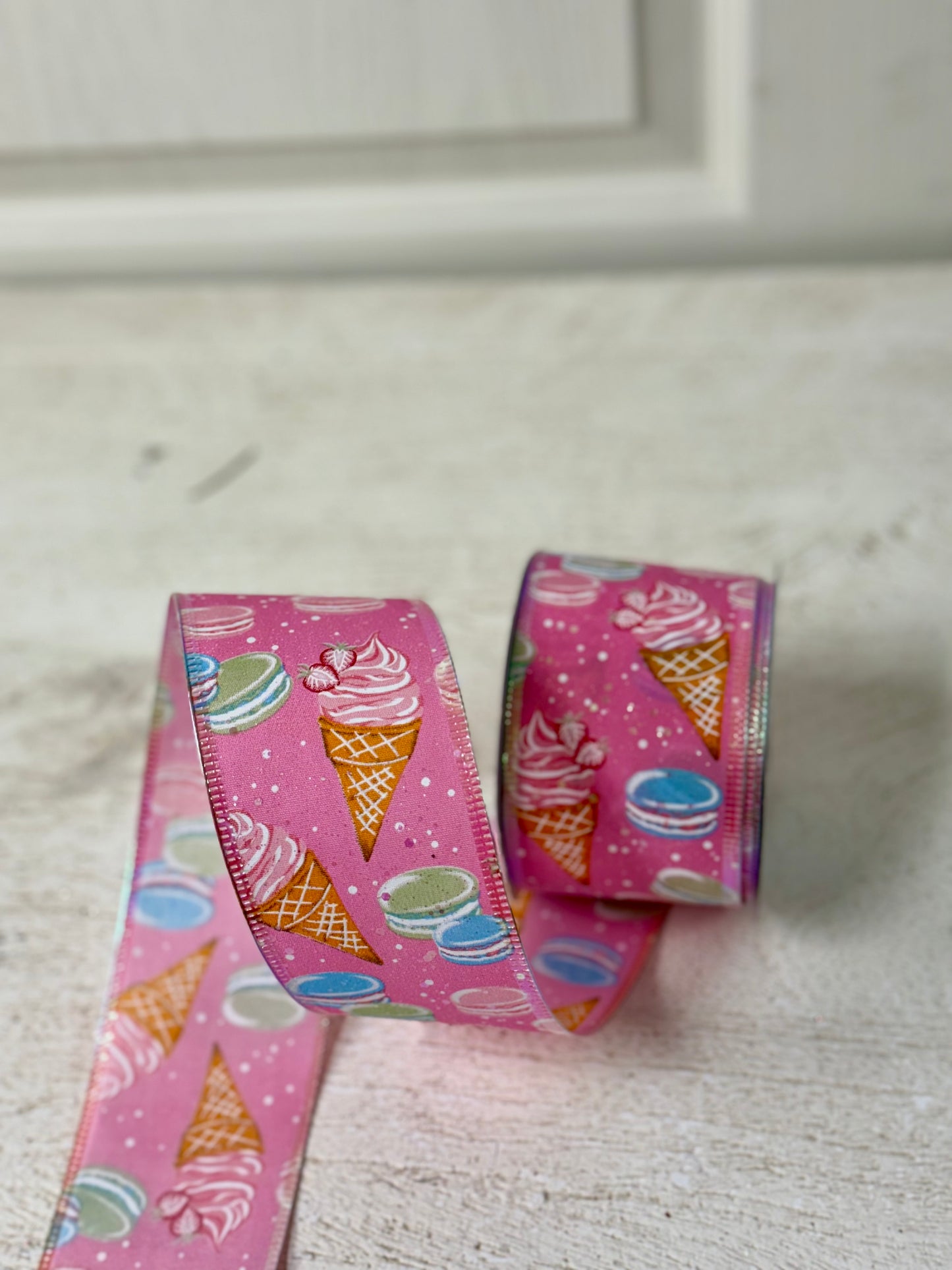 2.5 Inch By 10 Yard Pink Ice Cream Cones And Macaroons Ribbon