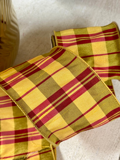 4 Inch By 10 Yard Moss Green Yellow Burgundy Dupioni Plaid Ribbon