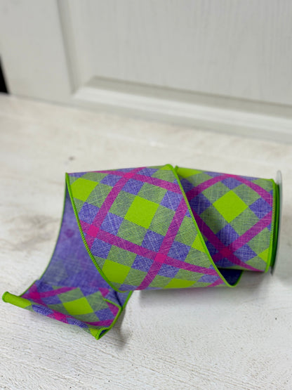 4 Inch By 10 Yard Lavender Pink And Lime Green Plaid Ribbon