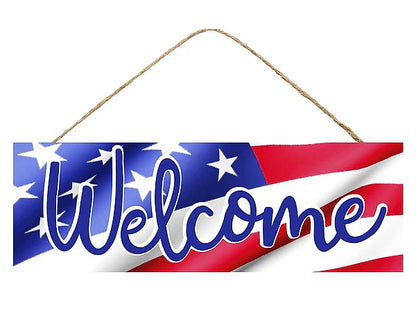 15 Inch Welcome American Flag Wood Sign