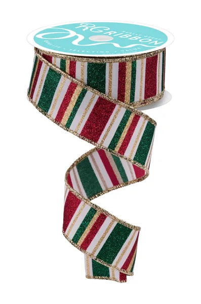 1.5 Inch By 10 Yard Hunter Green Gold And Maroon Horizontal Stripe Ribbon