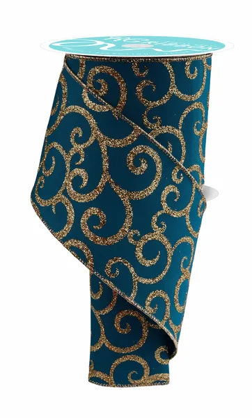 4 Inch By 10 Yard Dark Teal And Gold Glitter Swirl Ribbon