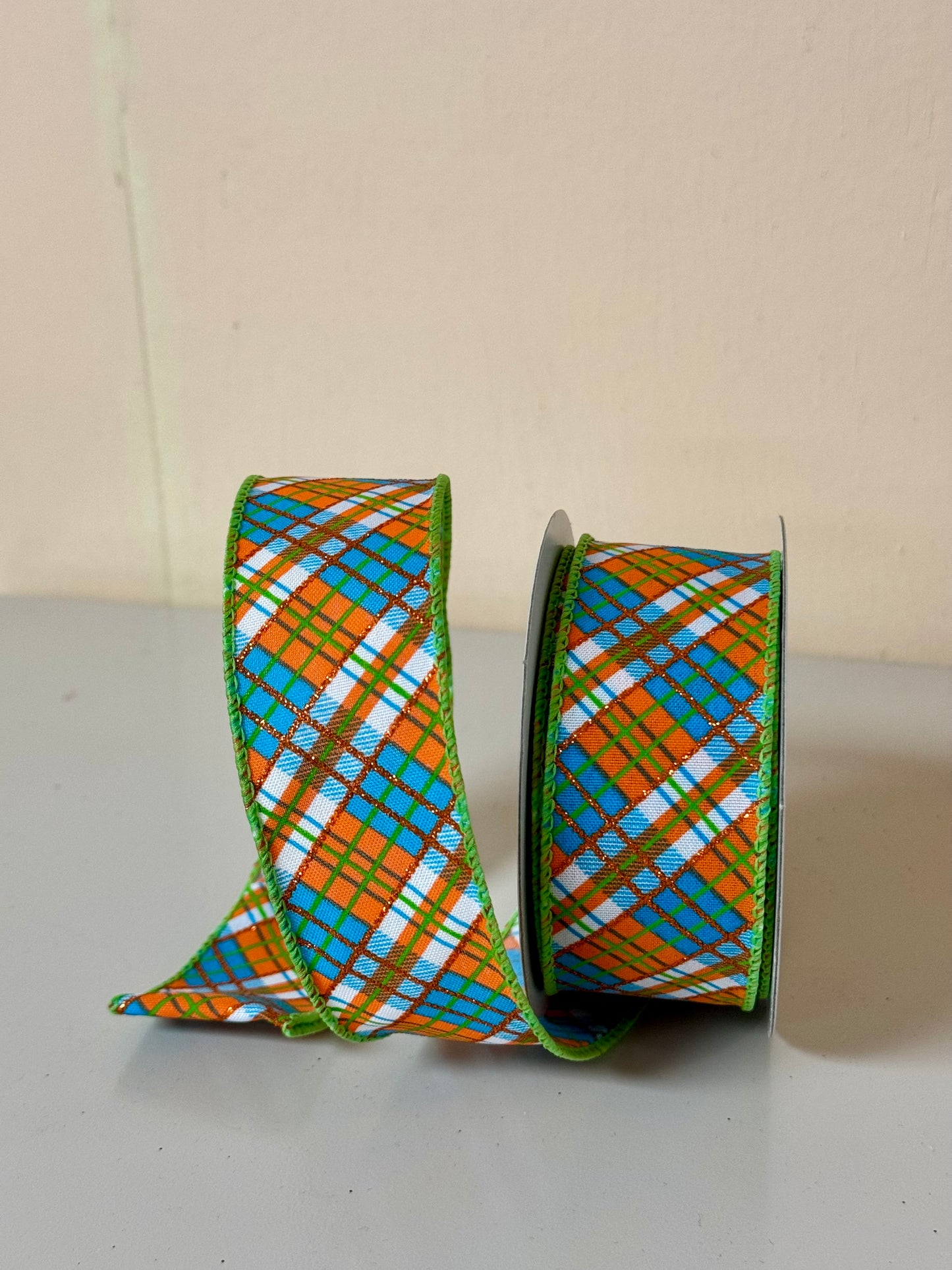 1.5 Inch By 10 Yard Orange Blue Green Plaid Ribbon