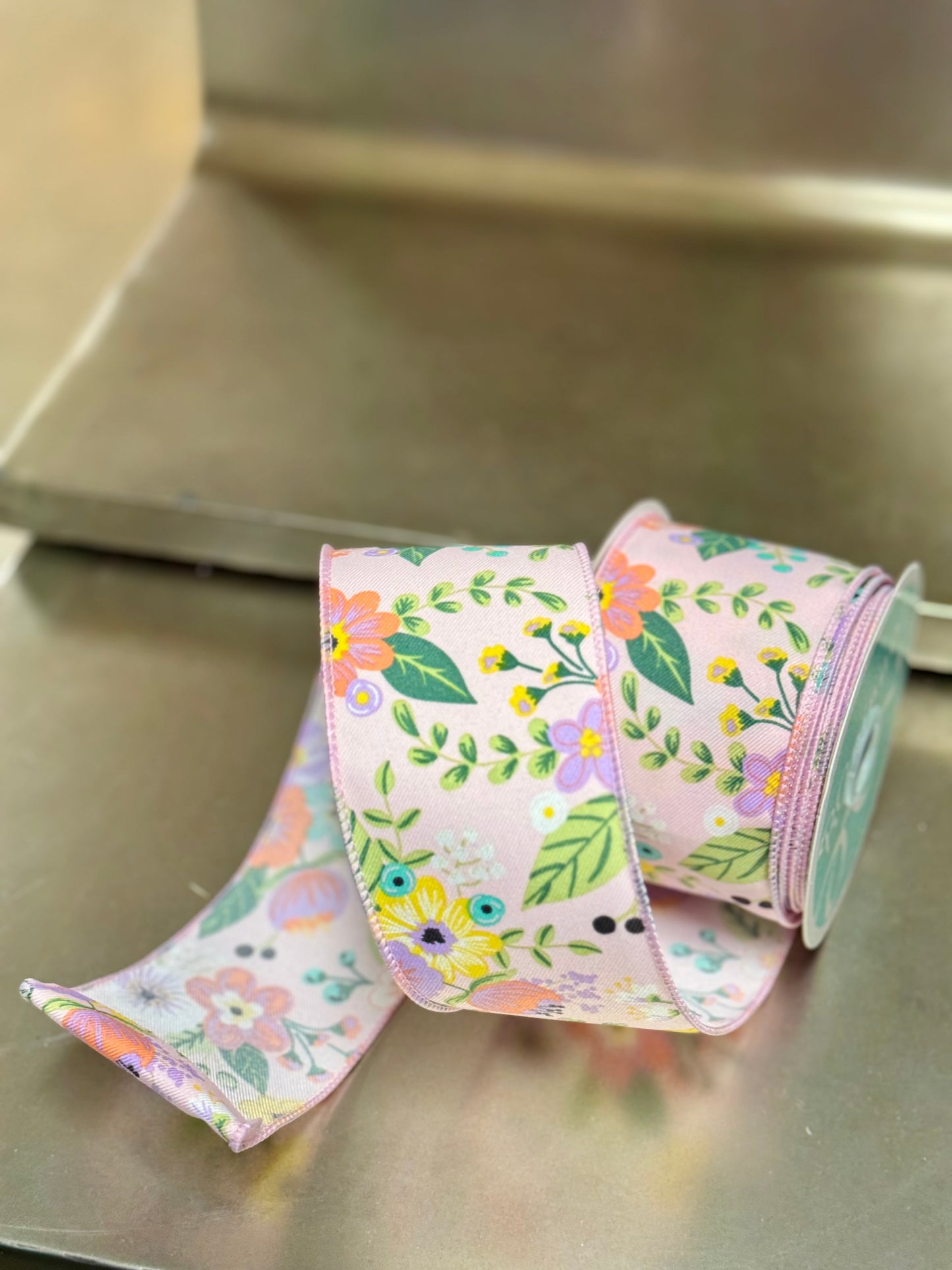 2.5 Inch By 10 Yard Peach And Lavender Graphic Floral Ribbon