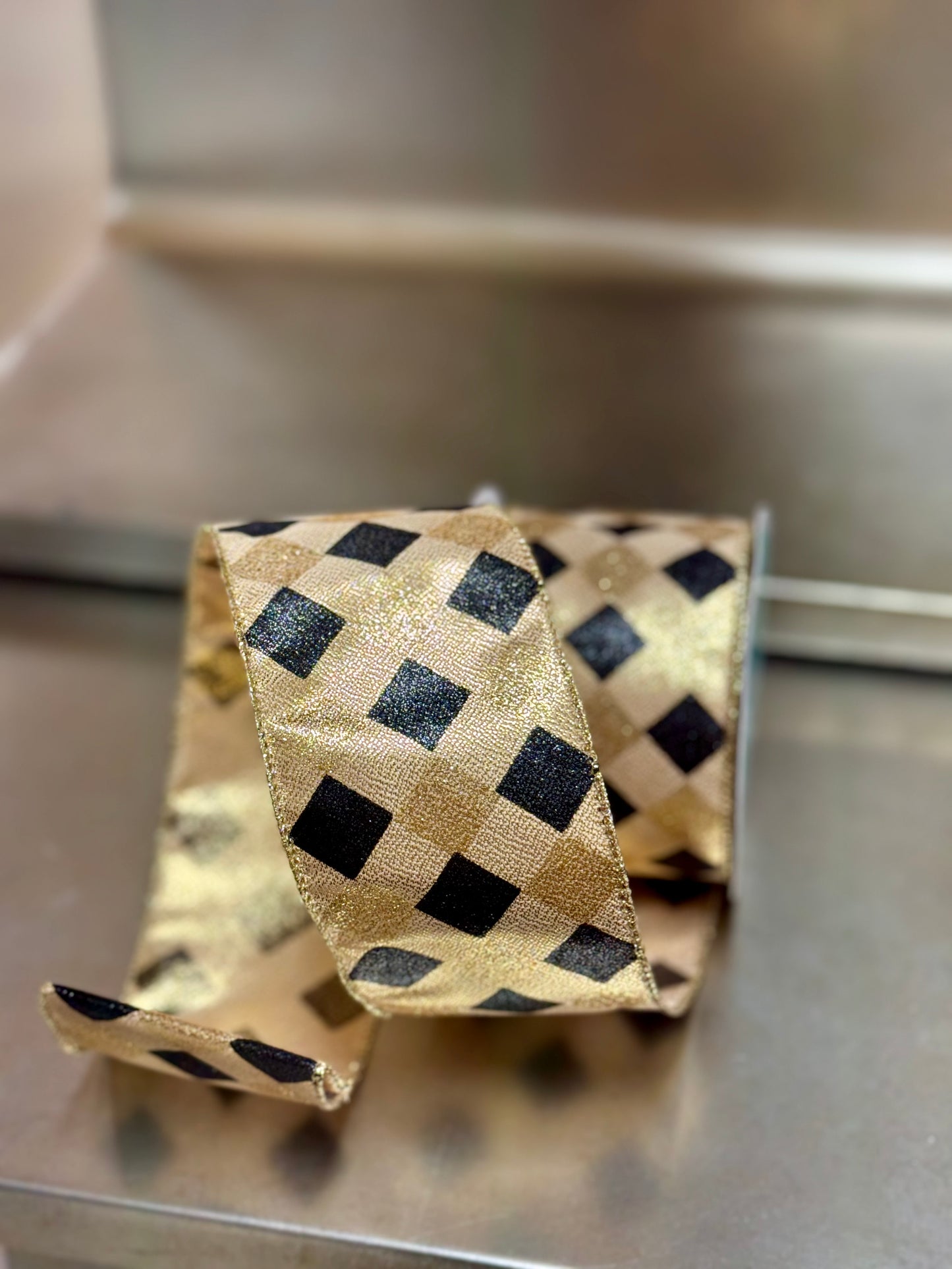 2.5 Inch By 10 Yard Gold And Black Diamond Check