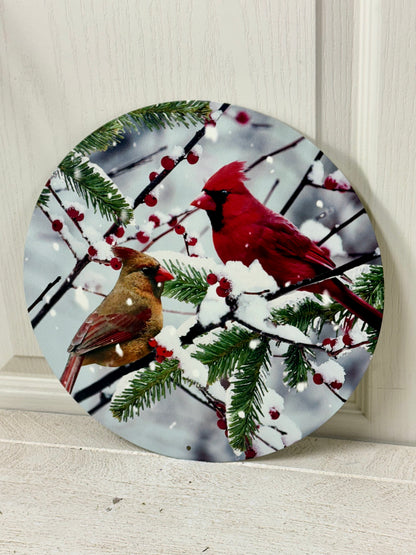 12 Inch Cardinals On Snowy Branch Metal Round Sign
