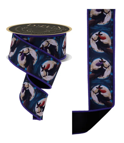 2.5 Inch By 10 Yard Black And Orange Witches Flying By Moon Fused Ribbon