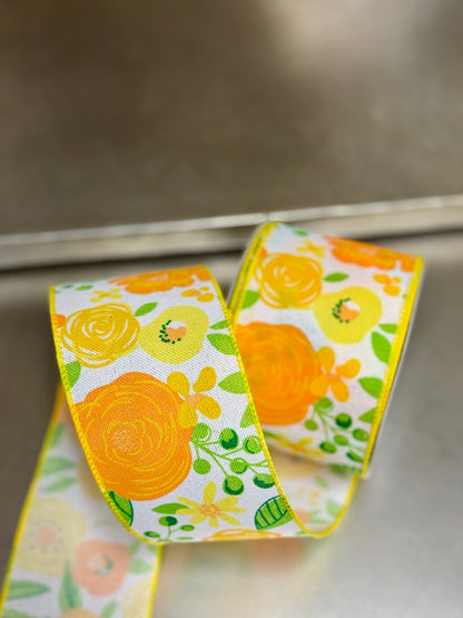 2.5 Inch By 10 Yard Yellow And Orange Bold Bloom Floral Ribbon