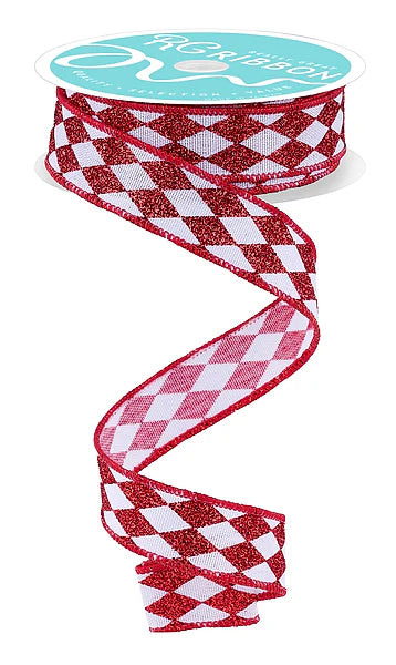 7/8 Inch By 10 Yard Red And White Glitter Harlequin Ribbon
