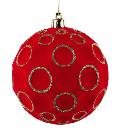4 Inch Red And Gold Flocked Glitter Concave Ball Ornament