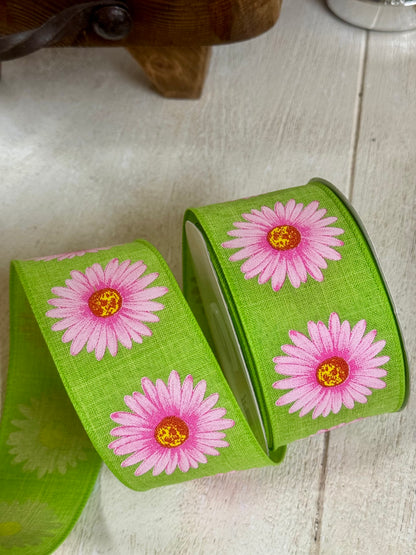 2.5 Inch By 20 Yard Pink And Lime Green Gerbera Daisy Ribbon