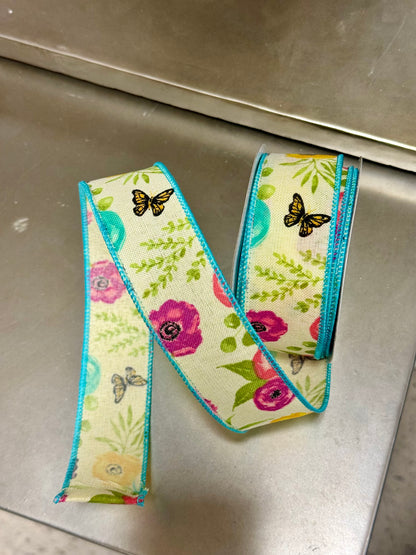 1.5 Inch By 10 Yard Wildflowers And Butterfly Cream Ribbon