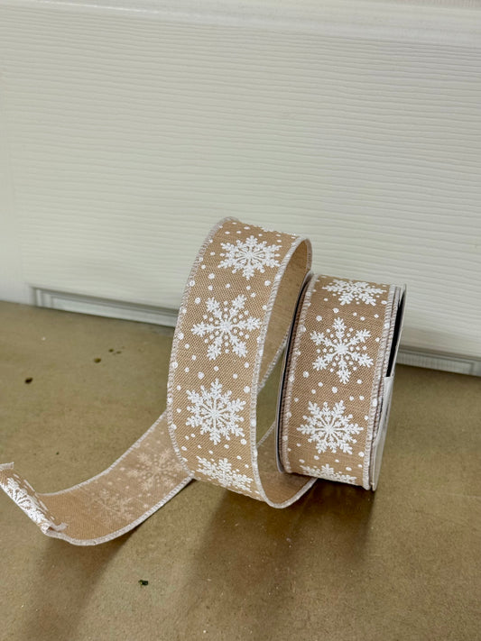 1.5 Inch By 10 Yard Tan And White Snowflake Ribbon