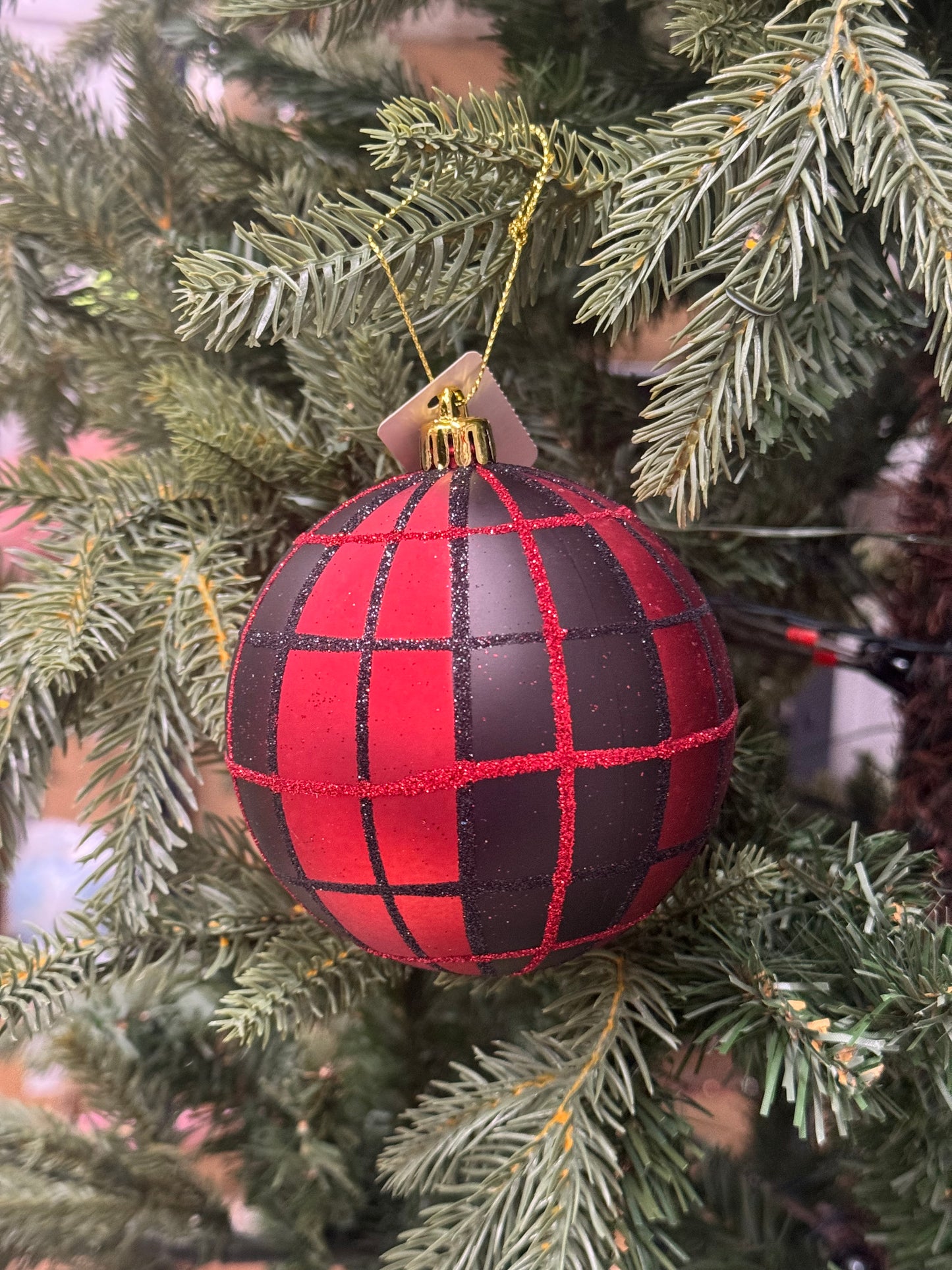 4 Inch Red And Black Plaid Ornament Ball