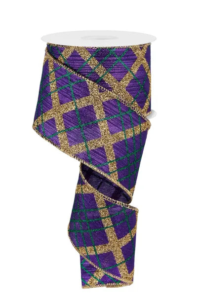 2.5 Inch By 10 Yard Purple Gold And Green Glitter Diagonal Plaid Ribbon