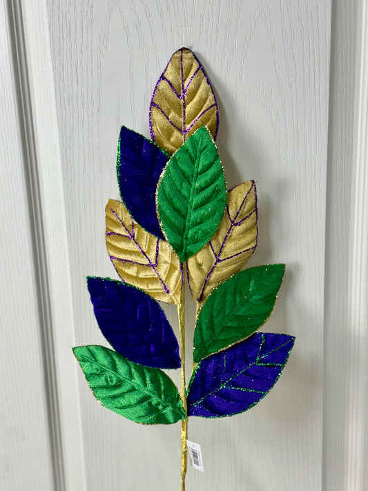 27 Inch Mardi Gras Velvet Glitter Leaf Spray