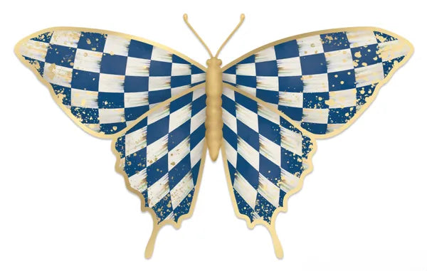 9.75 Inch Blue White And Gold Antique Check Butterfly Sign