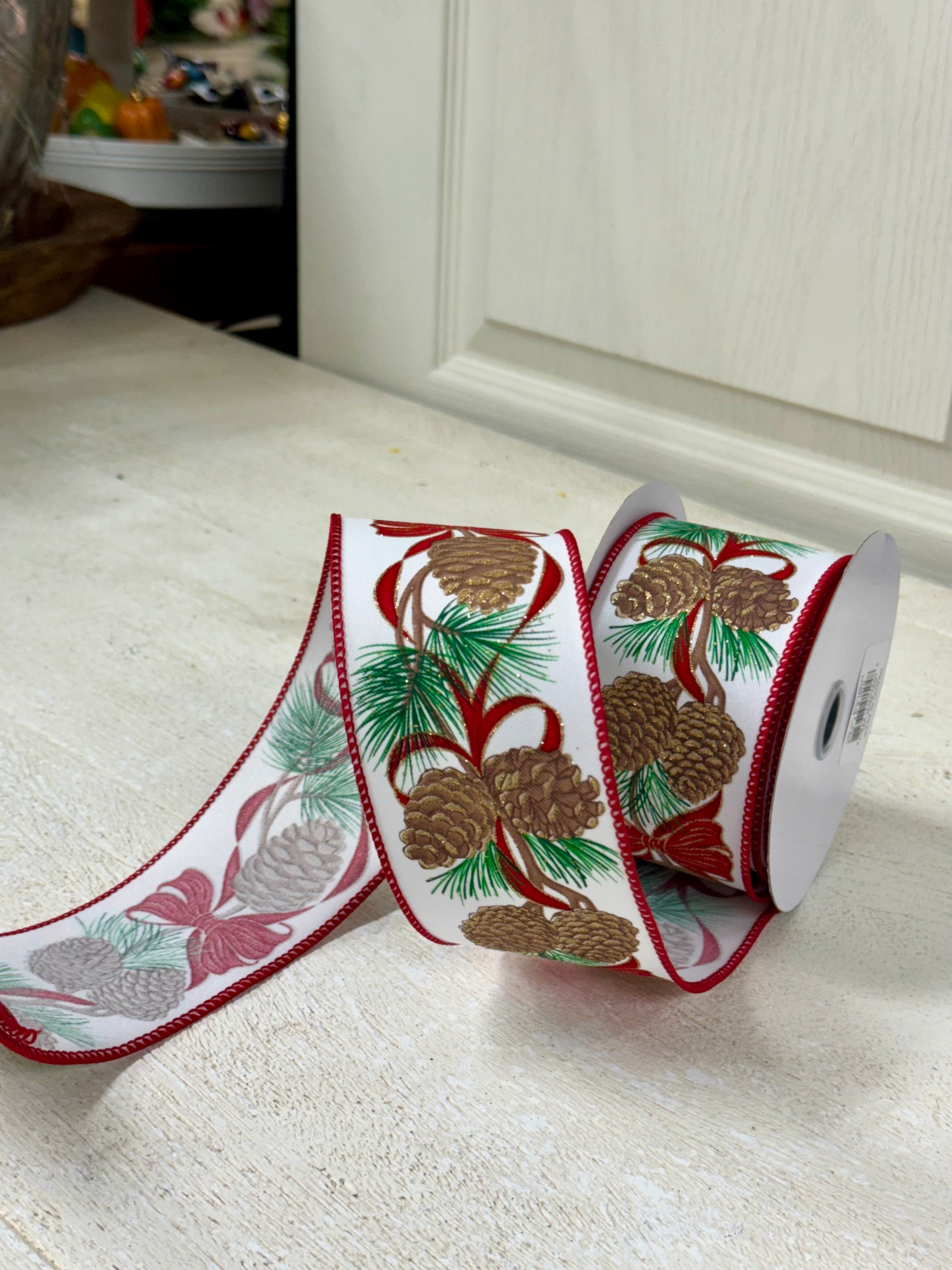 2.5 Inch By 10 Yard Pinecone And Red Bow Ribbon – TMIGifts