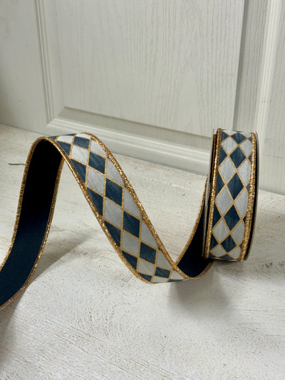 1.5 Inch By 10 Yard Black Gold And Cream Antique Harlequin Fused Ribbon