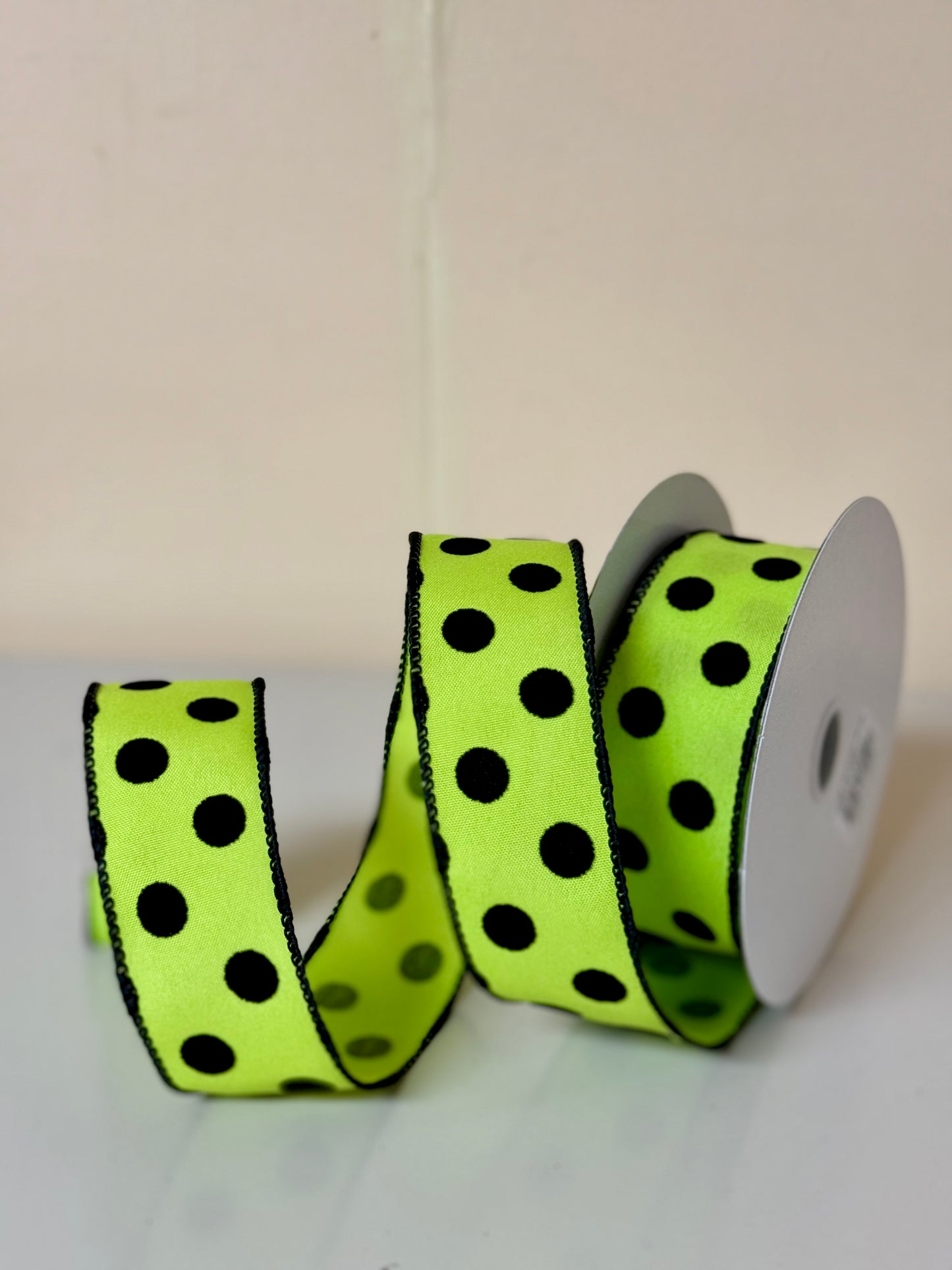 1.5 Inch Lime Green With Black Polka Dots Ribbon