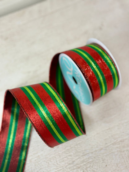 2.5 Inch By 10 Yard Red Emerald Lime Metallic Striped Ribbon