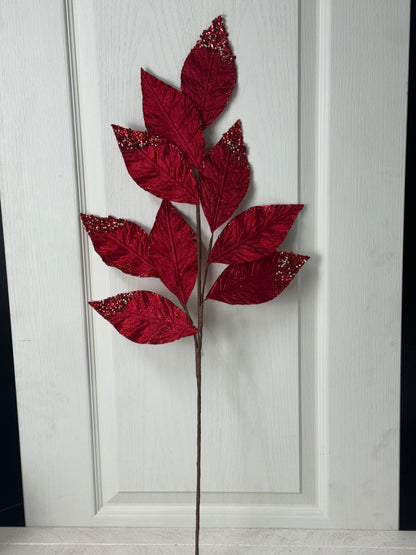 31.5 Inch Red Pressed Velvet Glitter Leaf Spray With Pearls