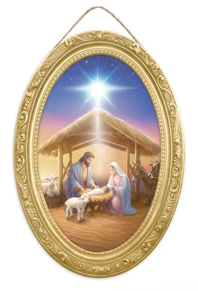 13 Inch Tan And Brown Holy Family Nativity Wood Sign