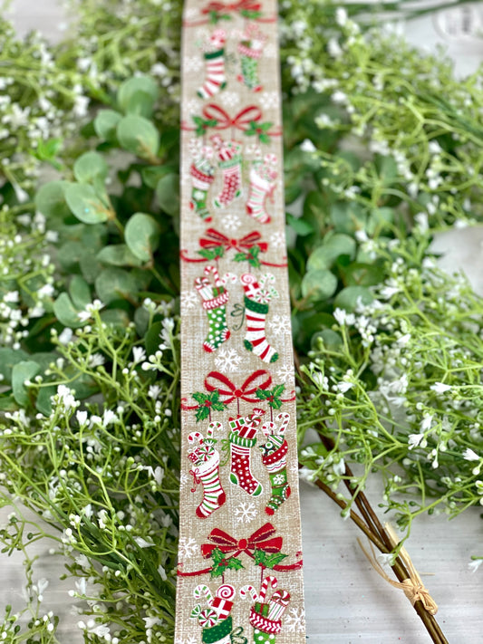 2.5 Inch By 10 Yard Natural Background Hanging Christmas Stockings Ribbon