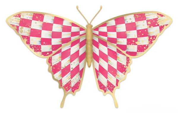 9.75 Inch Hot Pink White And Gold Antique Check Butterfly Sign