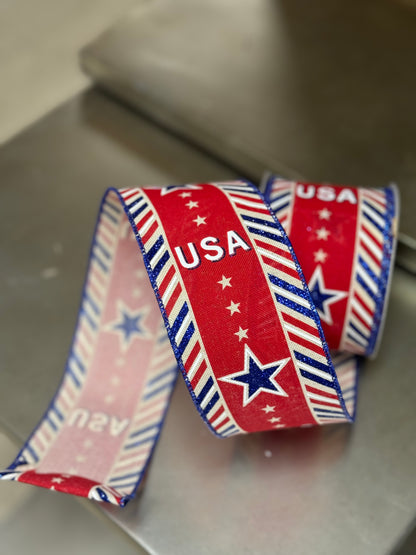 2.5 Inch By 10 Yard USA Ribbon With Diagonal Border Ribbon