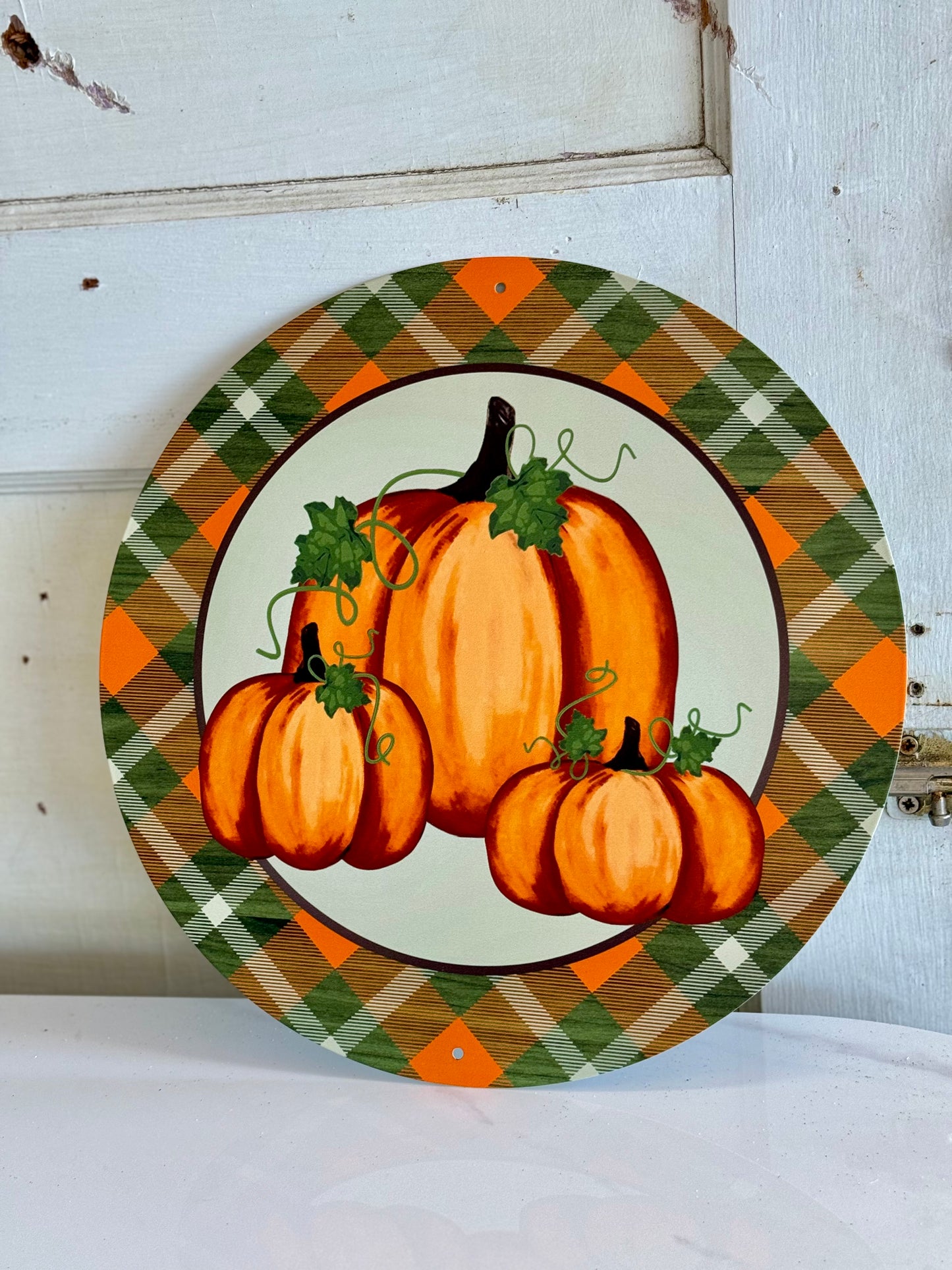 12 Inch Pumpkin Plaid Metal Sign