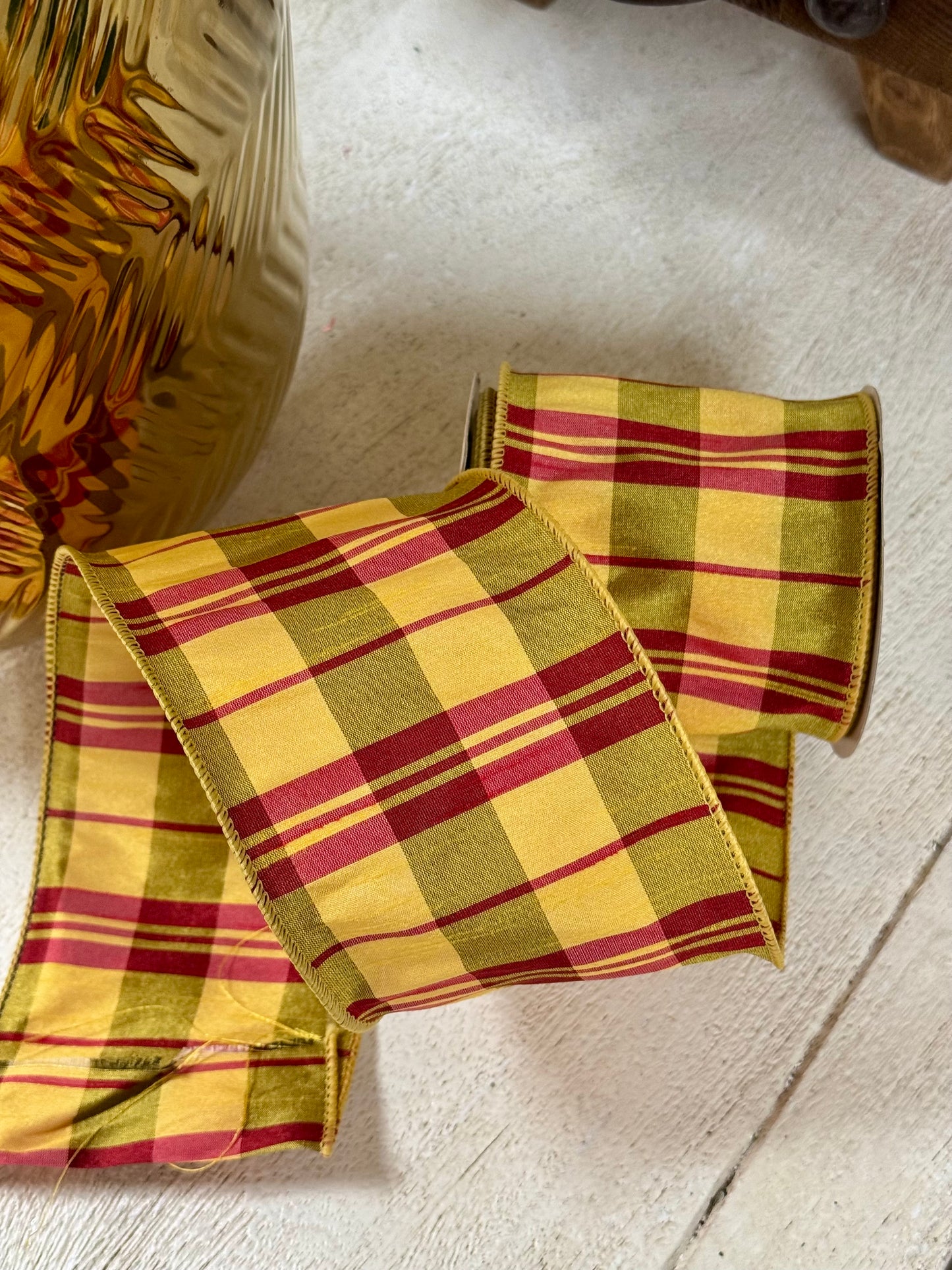 4 Inch By 10 Yard Moss Green Yellow Burgundy Dupioni Plaid Ribbon