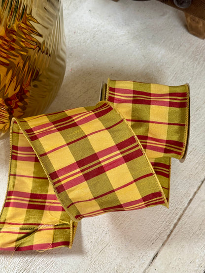 4 Inch By 10 Yard Moss Green Yellow Burgundy Dupioni Plaid Ribbon