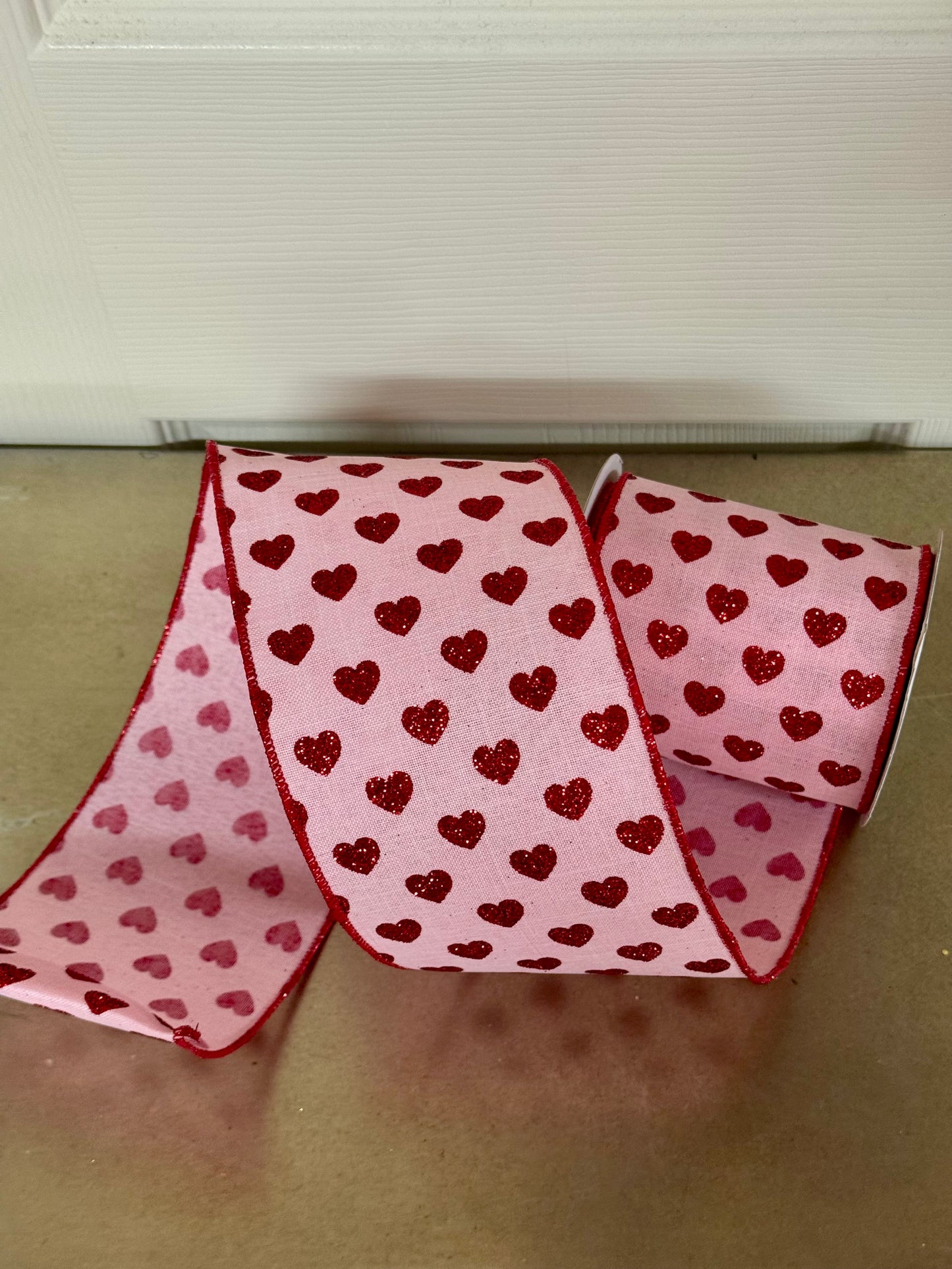4 Inch By 10 Yard Pink And Red Glitter Heart Ribbon