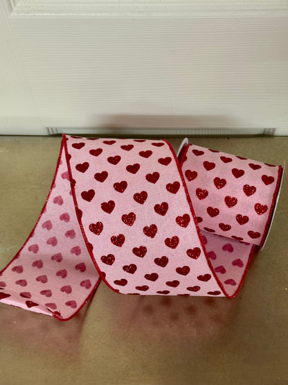 4 Inch By 10 Yard Pink And Red Glitter Heart Ribbon