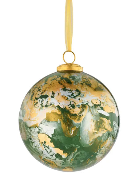 5 Inch Sage Green Gold And White Marble Glass Ball Ornament