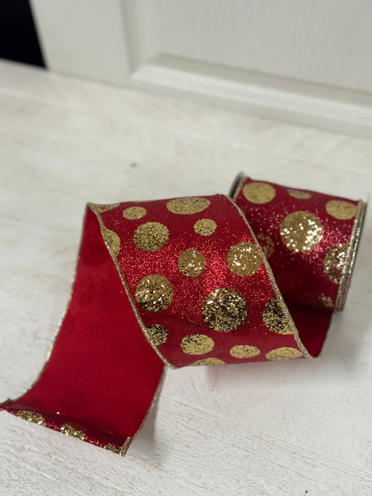 4 Inch By 10 Yard Red And Gold Glitter Giant Polka Dot Ribbon