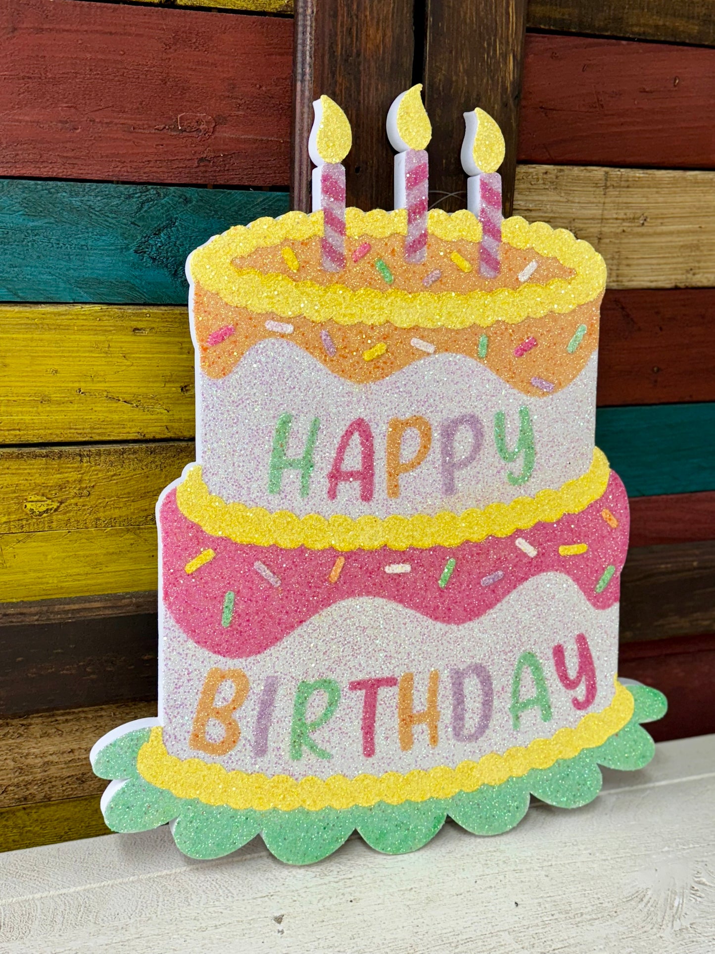 Happy Birthday Pastel Glittered Eva Birthday Cake Sign