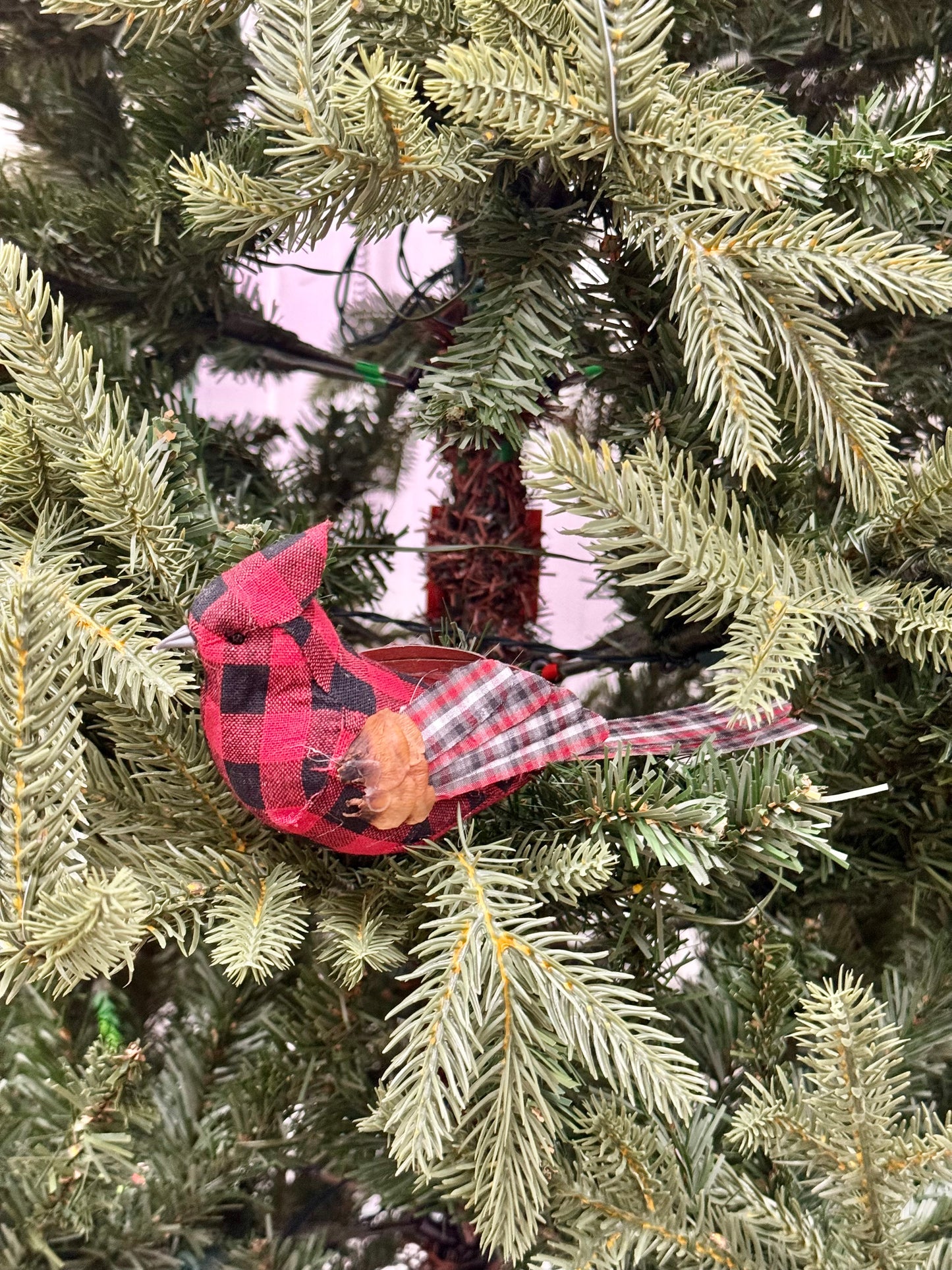 7 Inch Red Black Plaid Cardinal On Wire