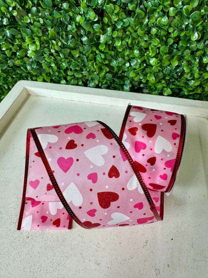 2.5 Inch By 10 Yard Heart Glitter Pink Background Ribbon